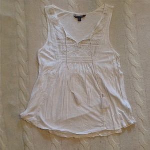 A&E white embroidered top with tassel drawstring